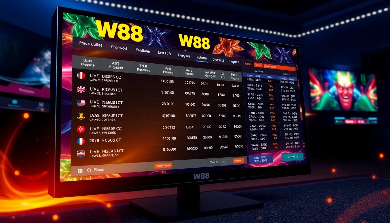 W88 online betting platform showcasing live sports odds and casino games, emphasizing user engagement and security.