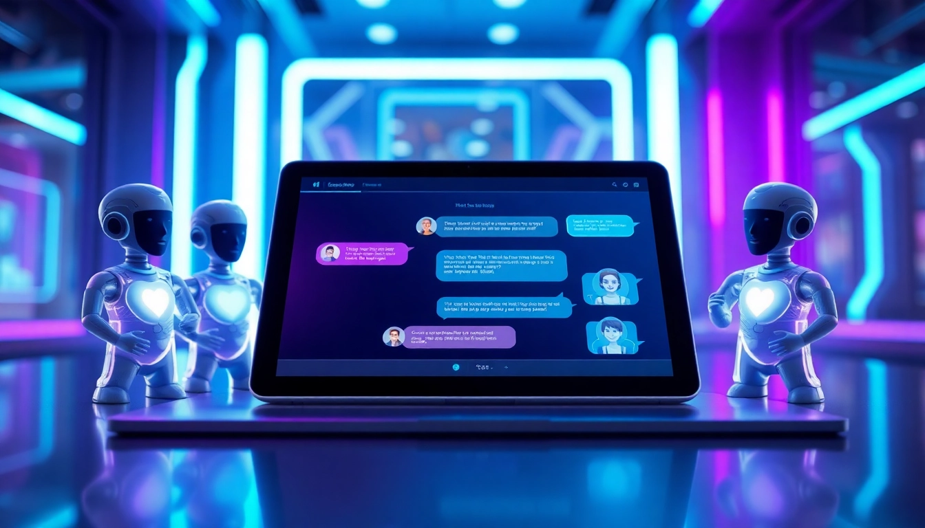 An illustration of a futuristic tablet with holographic AI characters and glowing chat interfaces in a high-tech environment.