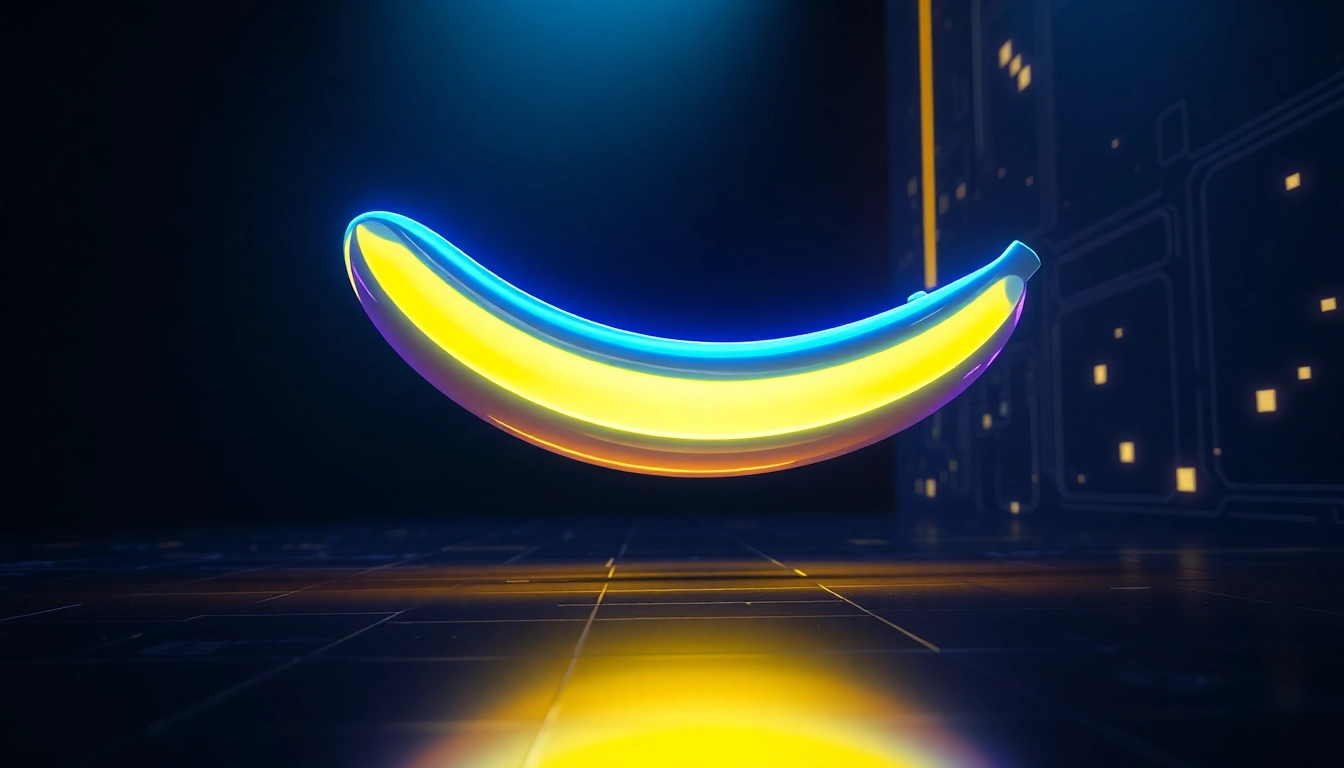 A glowing nano banana floating in a futuristic digital environment with neon lights and abstract tech background.
