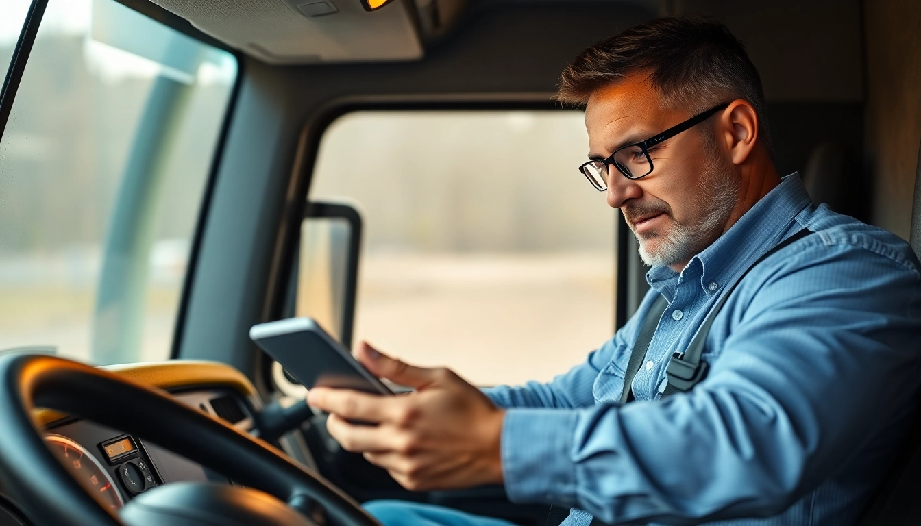 Truck driver analyzing trucker reviews on digital tablet inside cab for informed fleet decisions