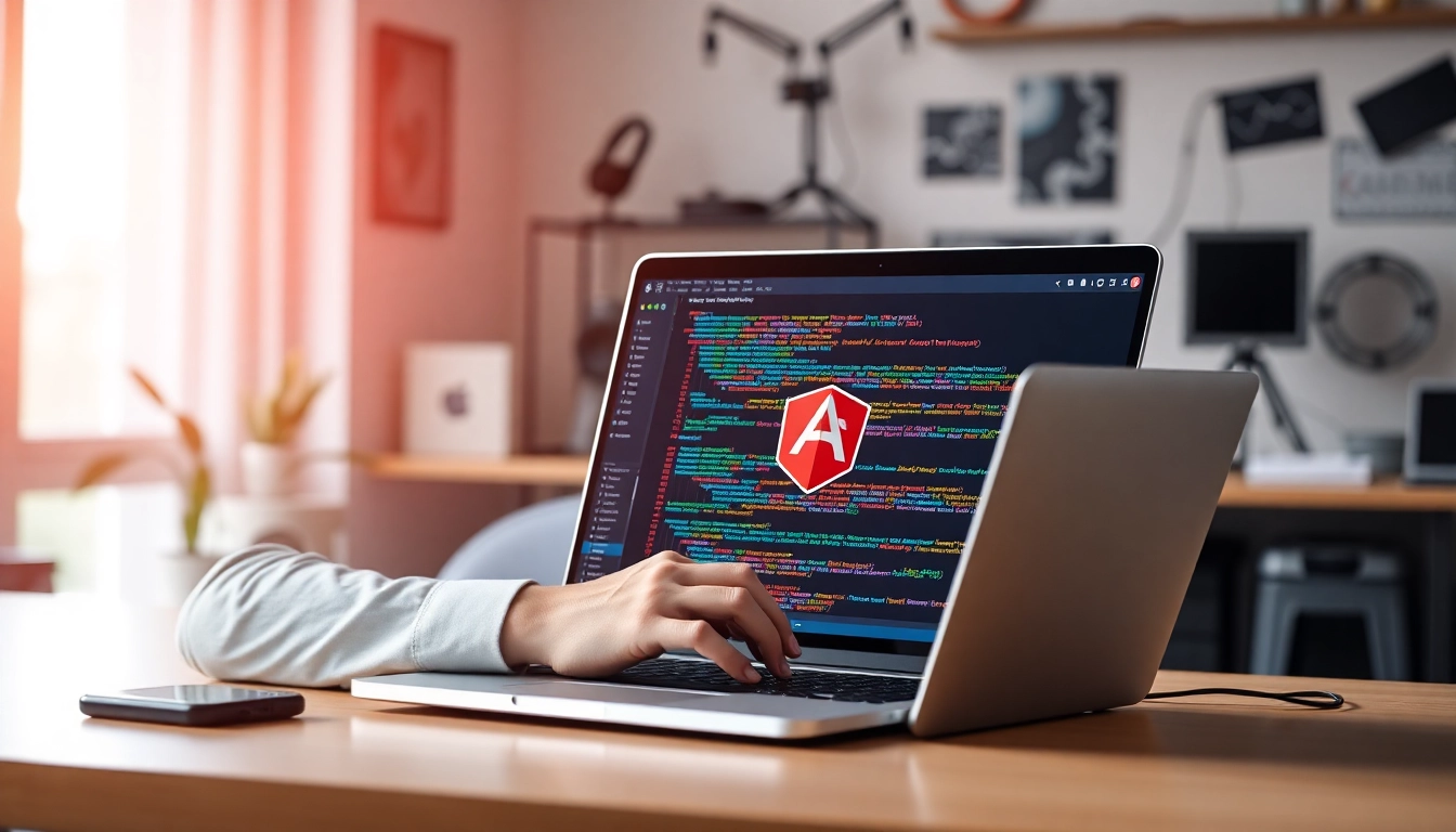 Angular developer coding in a modern office environment to attract freelance tech projects