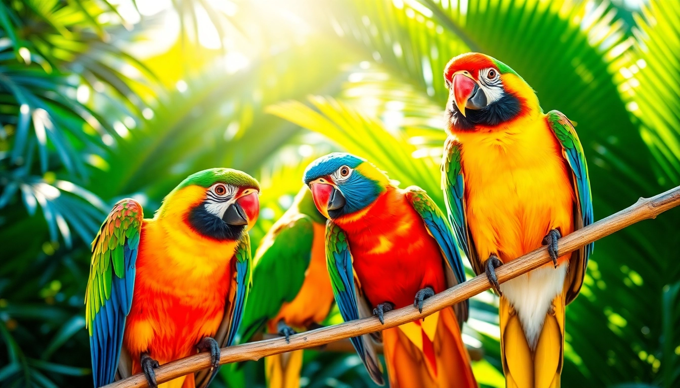 Brightly colored parrots landing on tropical branches showcasing vivid feathers and natural habitat