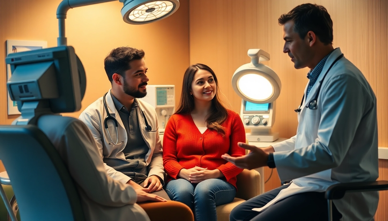 Fecondazione eterologa process being explained by doctors to a couple in a modern fertility